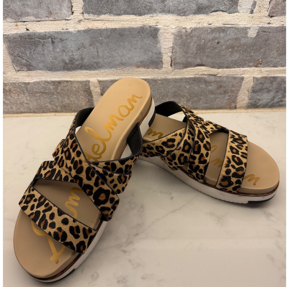 Sam Edelman Leopard Calf Hair Platform Slide Sandals Tan Brown 8.5